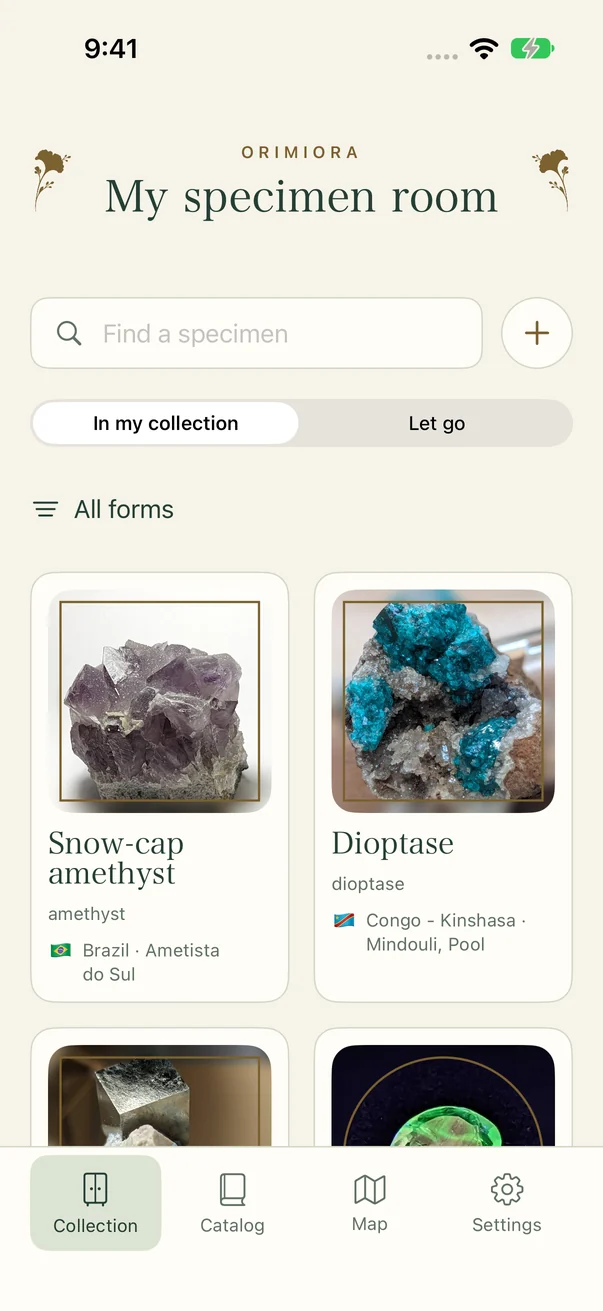 Orimiora specimen room showing mineral photos, names, and origins